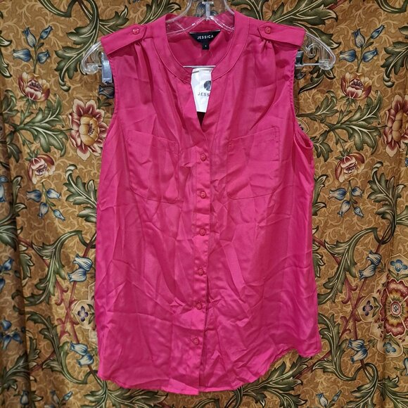 Jessica Tops - Bright pink sleeveless tank women's button down blouse shirt